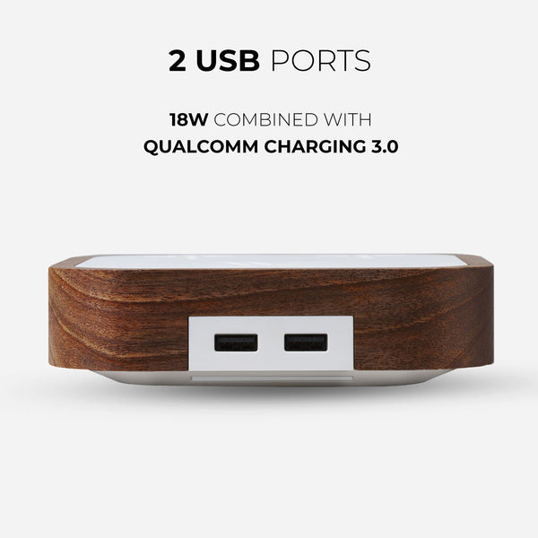 Description
Crafted with precious oak, the Woodie Hub charges 5 devices in one with style and elegance. Just place your Qi-compatible smartphone on top of theWoodie Hub – Wood Master