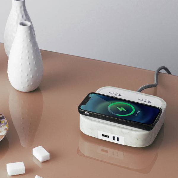 Wireless Charger
Description
Crafted with exclusive Carrara marble, the Woodie Hub charges 6 devices in one with style and elegance. Just place your Qi-compatible smartphoWoodie Hub – Italian Classic